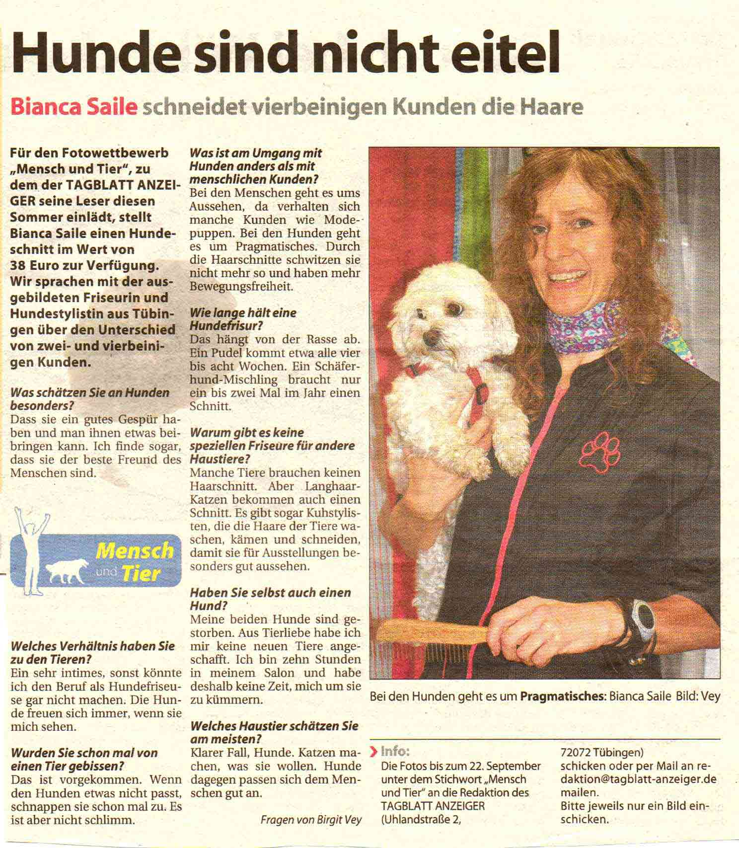 Artikel &uuml;ber Hundefrisuren im Tagblatt Anzeiger vom August 2010
